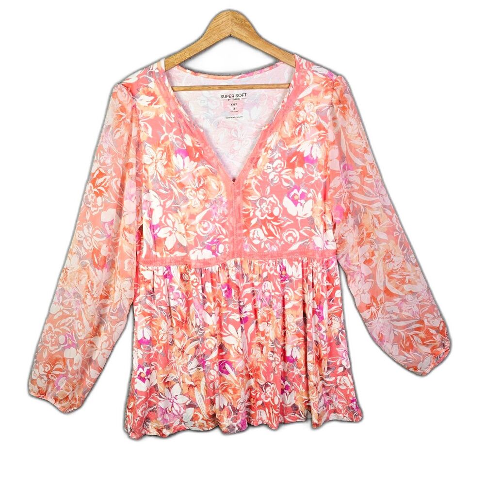 Torrid Super Soft Tunic Top Coral Floral Semi Sheer Sleeves Rayon Stretch 2 Boho